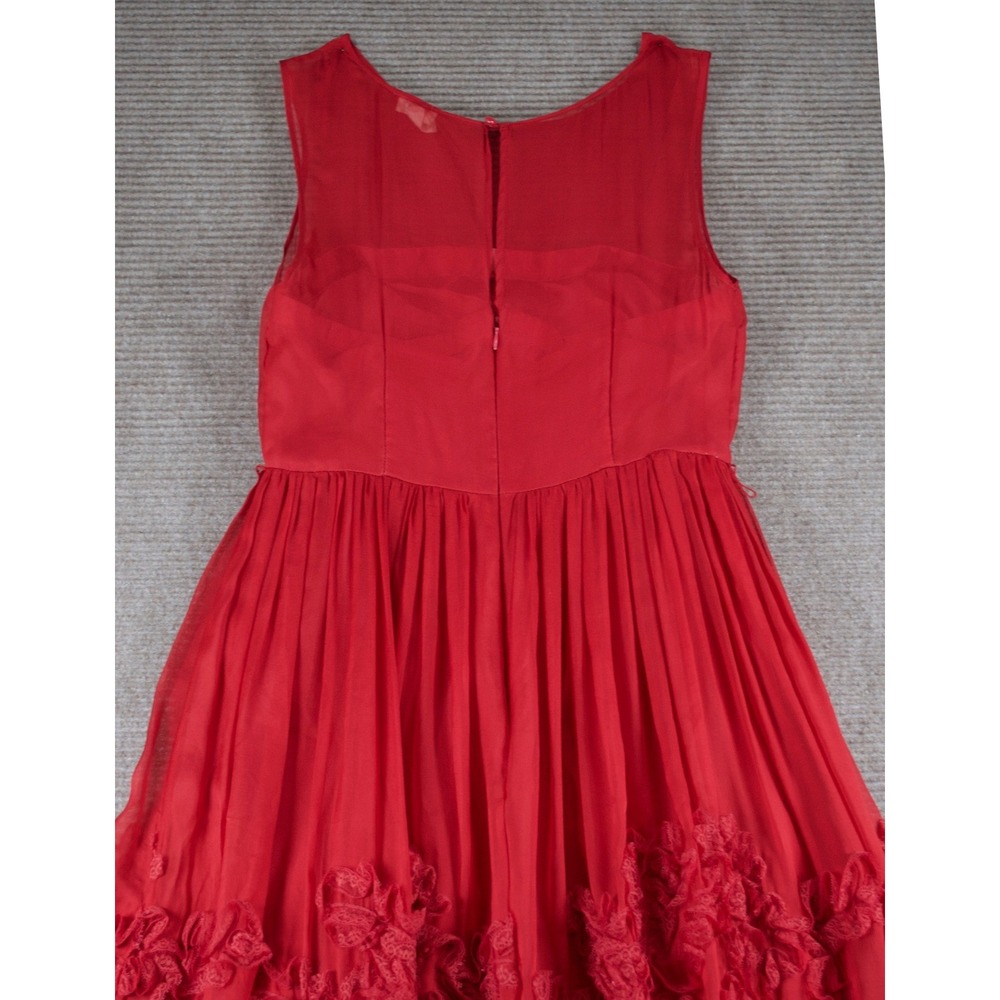 Anthropologie Tiny Caridad Ruffled Dress Red Rosette Mesh Silk Flaw Size 4 - Picture 6 of 11